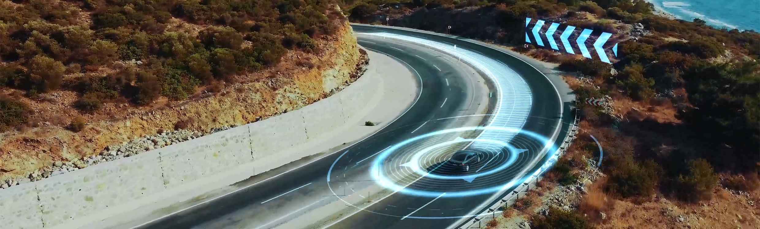 Vehicle on a curved road with navigation graphics